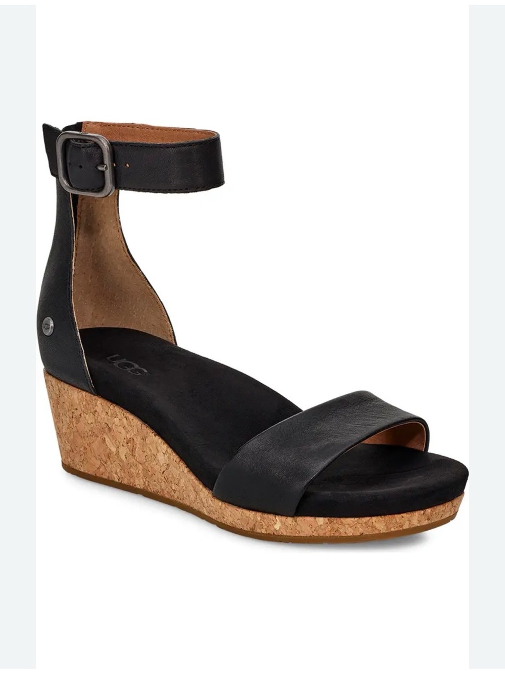UGG Zoe II wedge sandals featuring black leather straps and a cork wedge heel.